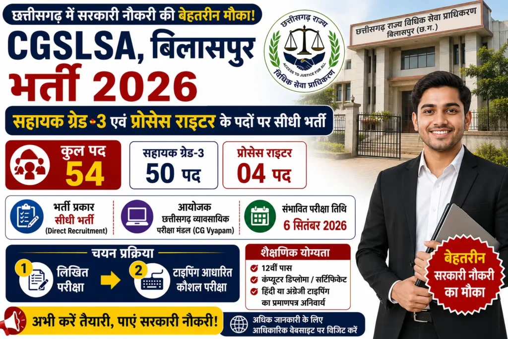CGSLSA AG3 Recruitment 2026 छत्तीसगढ़ राज्य विधिक सेवा प्राधिकरण में 54 पदों पर भर्ती 2026